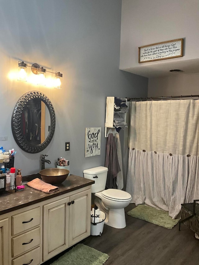 bathroom with vanity, hardwood / wood-style flooring, and toilet