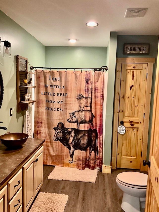 bathroom with vanity, toilet, and hardwood / wood-style floors