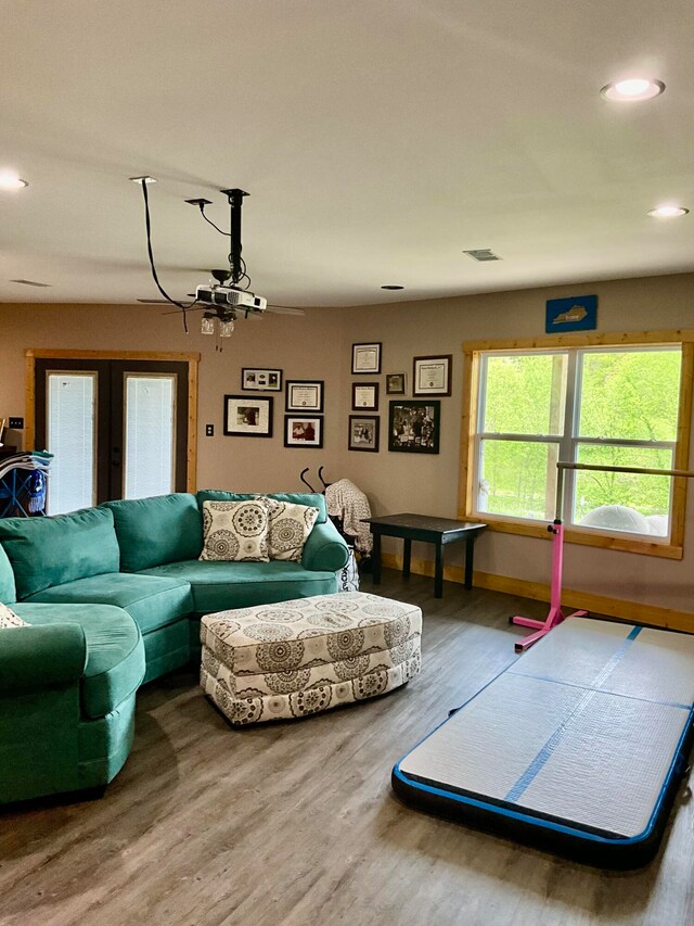 living room with wood-type flooring and french doors