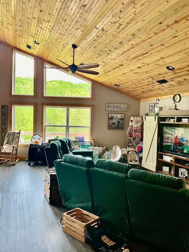 living room with wooden ceiling, ceiling fan, and vaulted ceiling