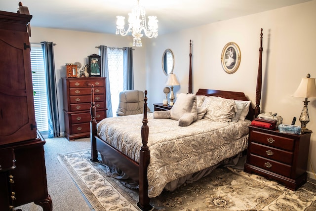 carpeted bedroom with an inviting chandelier and multiple windows