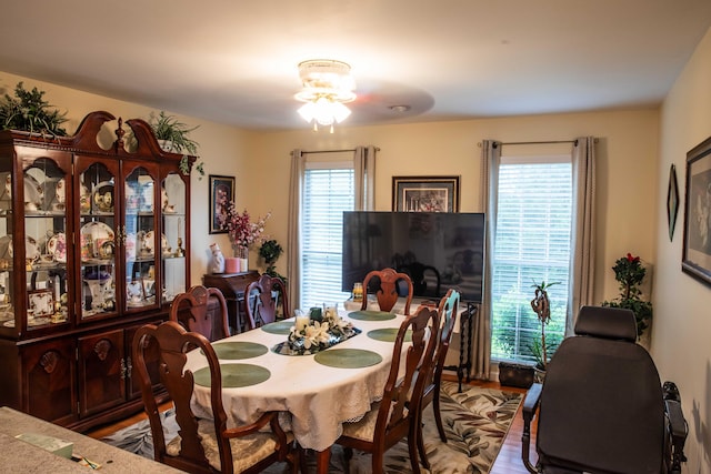 dining room featuring wood-type flooring and ceiling fan