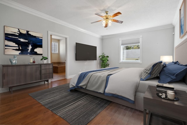 bedroom featuring ensuite bath, a textured ceiling, ceiling fan, ornamental molding, and dark hardwood / wood-style floors