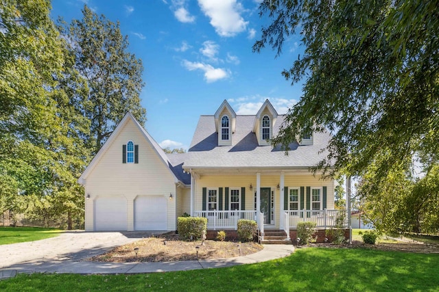 cape cod home with covered porch, a front yard, and a garage