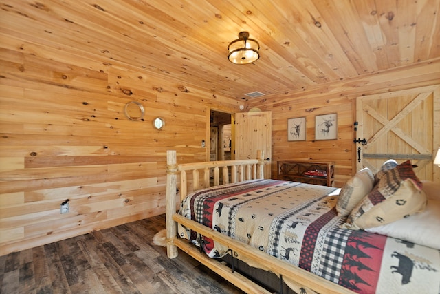 bedroom with wood-type flooring, wood walls, and wood ceiling