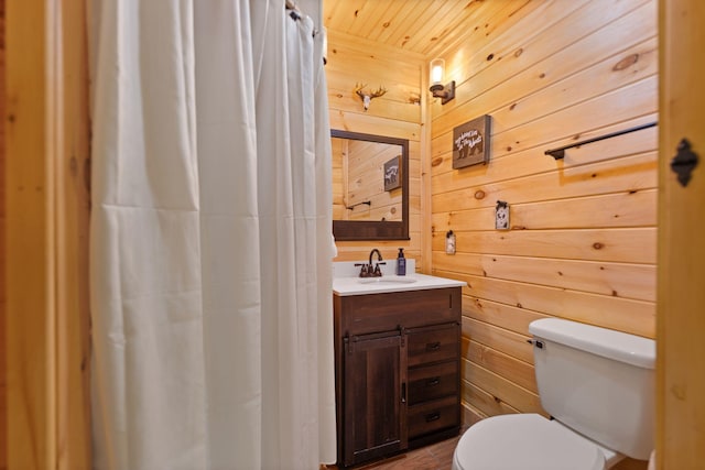 bathroom featuring wood walls, vanity, and toilet