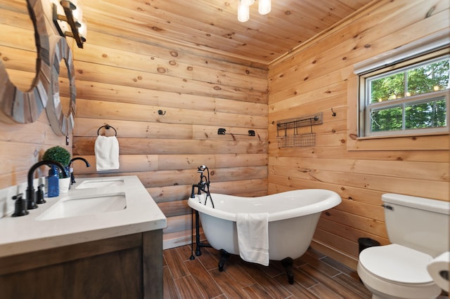 bathroom featuring wood-type flooring, large vanity, wood ceiling, toilet, and dual sinks