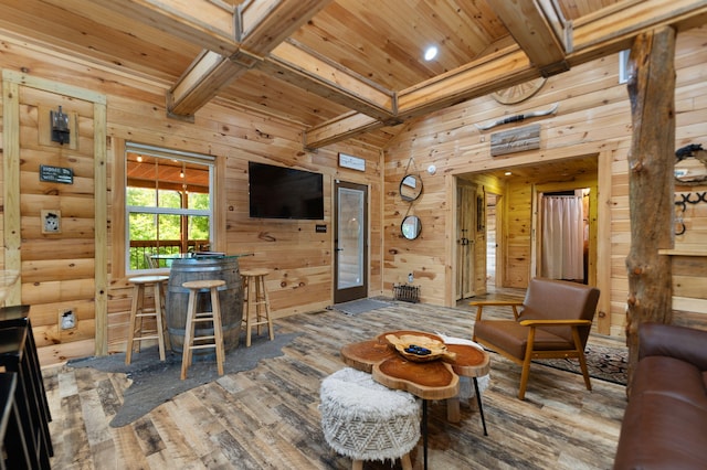 living room with beam ceiling, wooden ceiling, and wood-type flooring