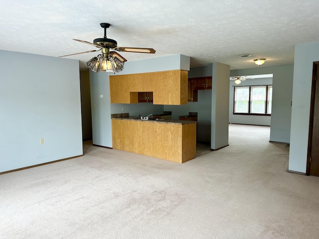 kitchen featuring light colored carpet, a textured ceiling, ceiling fan, and sink