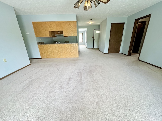 kitchen with sink, light colored carpet, ceiling fan, and a textured ceiling