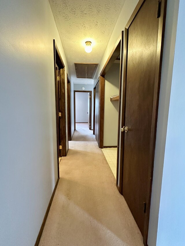 hallway featuring light carpet and a textured ceiling