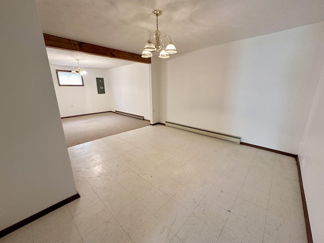 tiled spare room featuring baseboard heating, beamed ceiling, and a notable chandelier