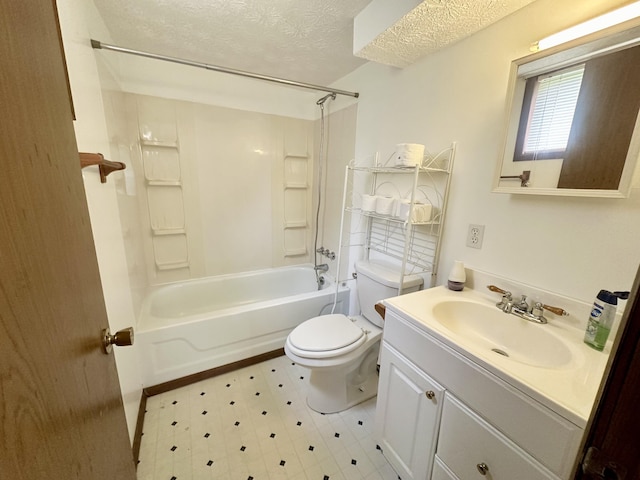 full bathroom with tile flooring, large vanity, a textured ceiling, washtub / shower combination, and toilet