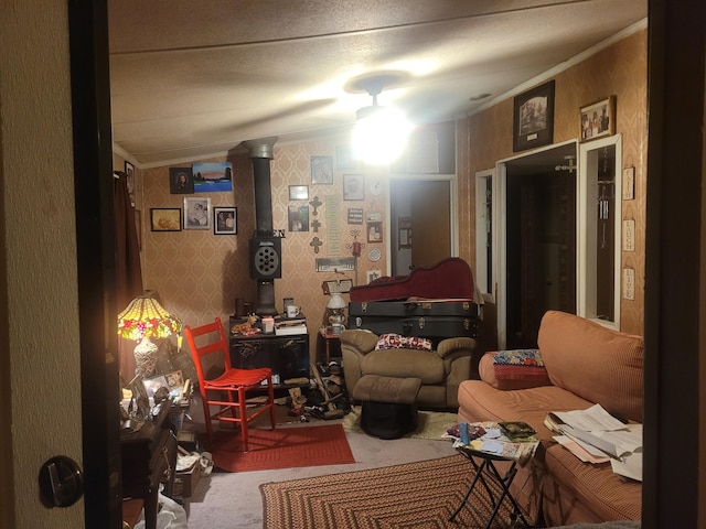 living room with carpet and a textured ceiling