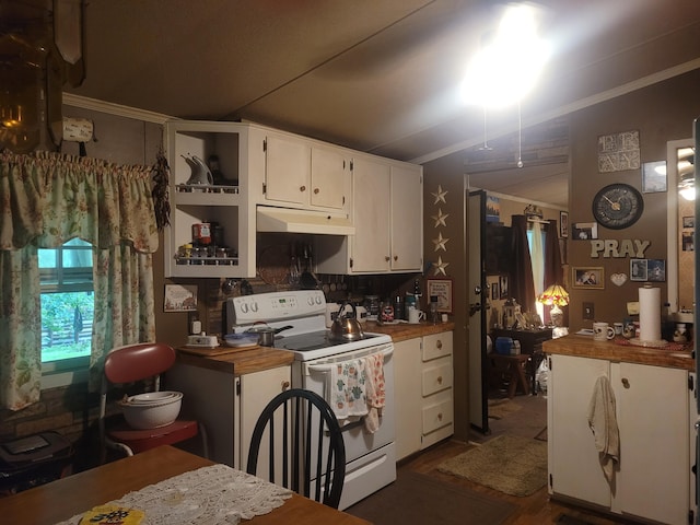 kitchen with butcher block countertops, white cabinetry, crown molding, and white range with electric stovetop