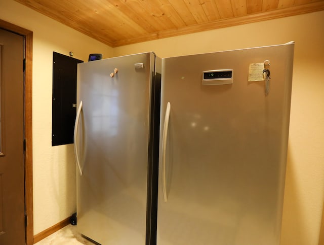 interior space with walk in shower, electric panel, crown molding, and wooden ceiling