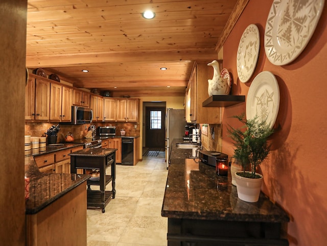 kitchen featuring backsplash, stainless steel appliances, wooden ceiling, dark stone counters, and sink