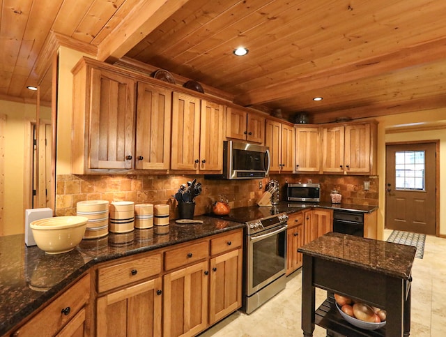 kitchen with dark stone counters, tasteful backsplash, stainless steel appliances, light tile patterned floors, and wooden ceiling