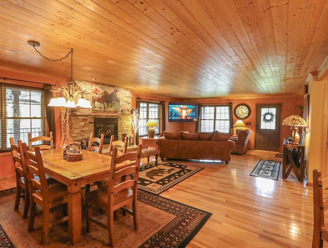 dining room featuring wooden ceiling, a fireplace, plenty of natural light, and hardwood / wood-style floors