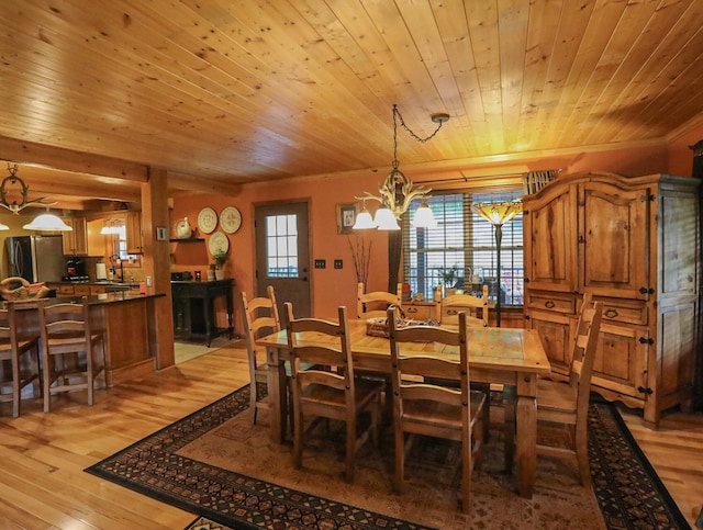 dining area featuring wood ceiling, ornamental molding, light hardwood / wood-style flooring, and a chandelier