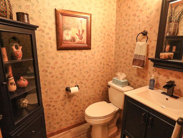 bathroom with wood-type flooring, vanity, and toilet