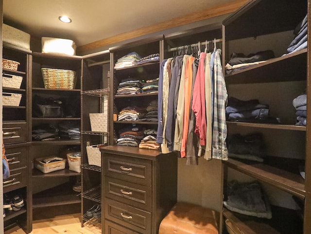 walk in closet with light wood-type flooring