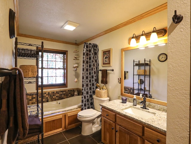 full bathroom featuring vanity, tile patterned flooring, a textured ceiling, crown molding, and toilet