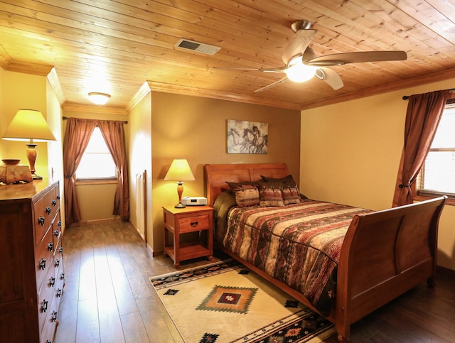 bedroom featuring ceiling fan, crown molding, dark wood-type flooring, and wooden ceiling