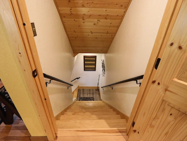 stairway with wood ceiling and wood-type flooring