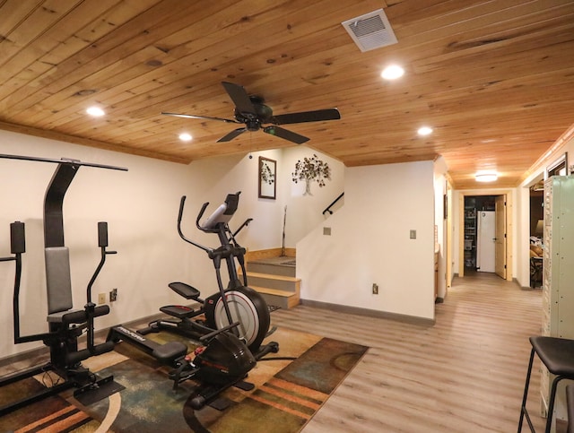 exercise area with light wood-type flooring, ceiling fan, and wooden ceiling