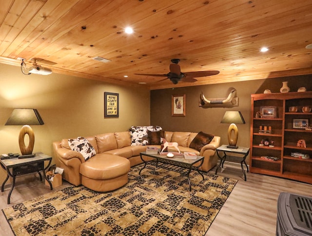 living room featuring ceiling fan, wood ceiling, and hardwood / wood-style floors