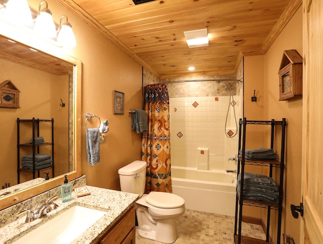 full bathroom with wood ceiling, shower / bath combo, ornamental molding, vanity, and toilet