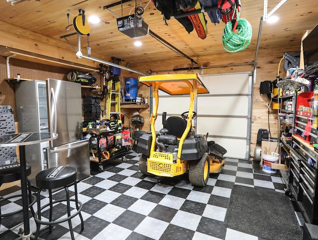 garage featuring wooden ceiling, stainless steel refrigerator, and a garage door opener