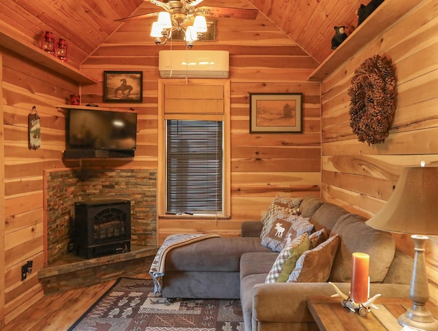 living room featuring wooden ceiling, lofted ceiling, and a wall mounted AC