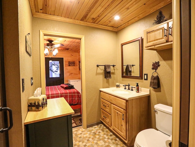 bathroom featuring ceiling fan, vanity, toilet, and wooden ceiling