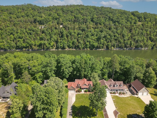 drone / aerial view featuring a water view