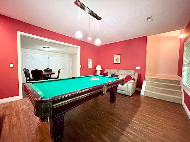 game room featuring dark hardwood / wood-style flooring and pool table