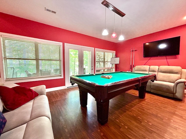 game room featuring french doors, pool table, and dark wood-type flooring