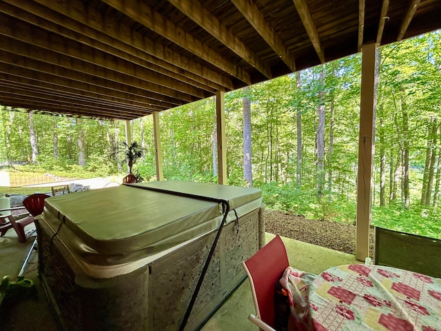 view of patio featuring a hot tub