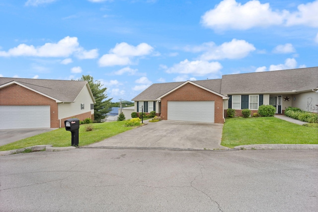 ranch-style house with a front yard and a garage