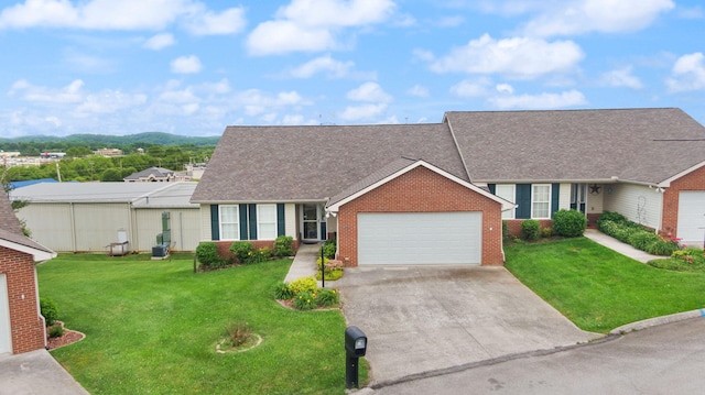 ranch-style house with a garage and a front yard