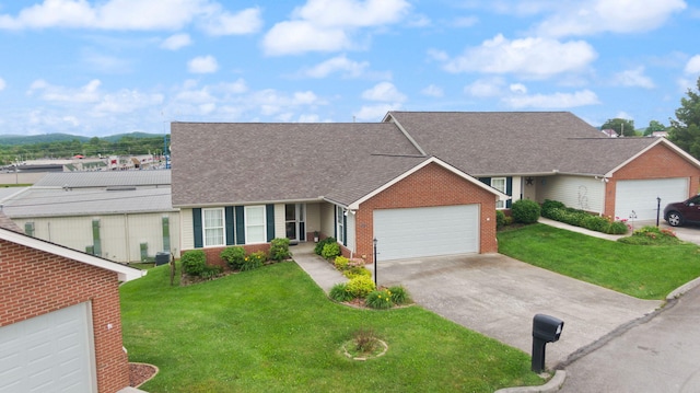 single story home with a garage and a front yard