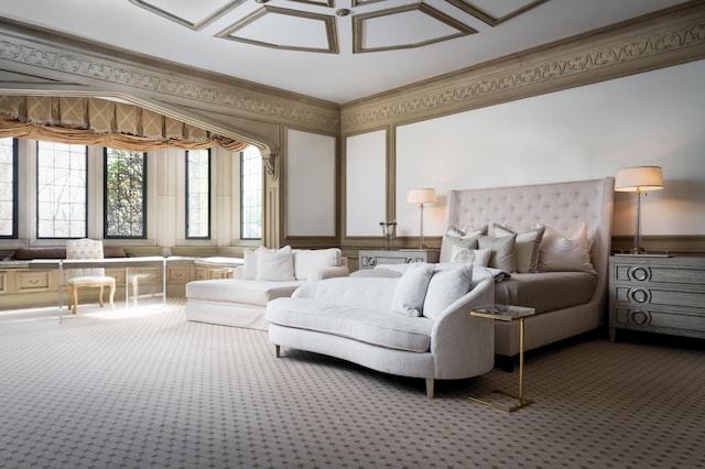 bedroom with carpet and ornamental molding