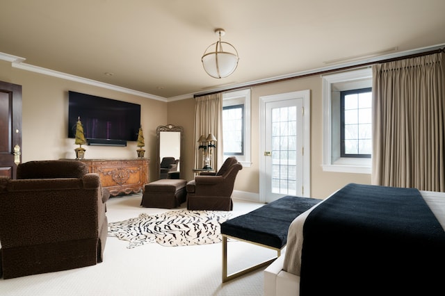 bedroom featuring carpet and ornamental molding