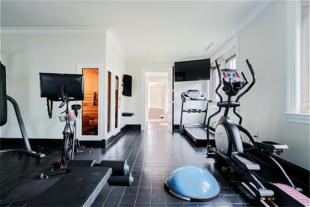 workout area with ornamental molding