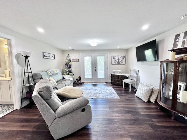 living room with dark wood-type flooring and french doors