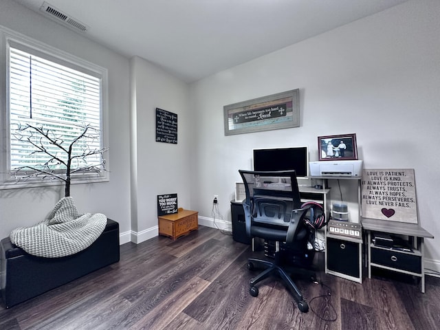 home office featuring dark hardwood / wood-style floors