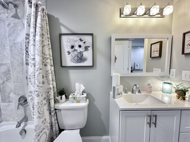 full bathroom with shower / bath combo with shower curtain, toilet, and vanity