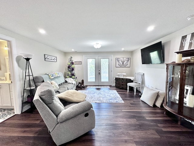 living room featuring french doors and dark hardwood / wood-style flooring