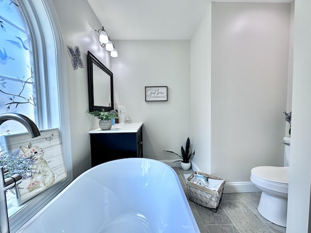 bathroom featuring a washtub, toilet, and vanity